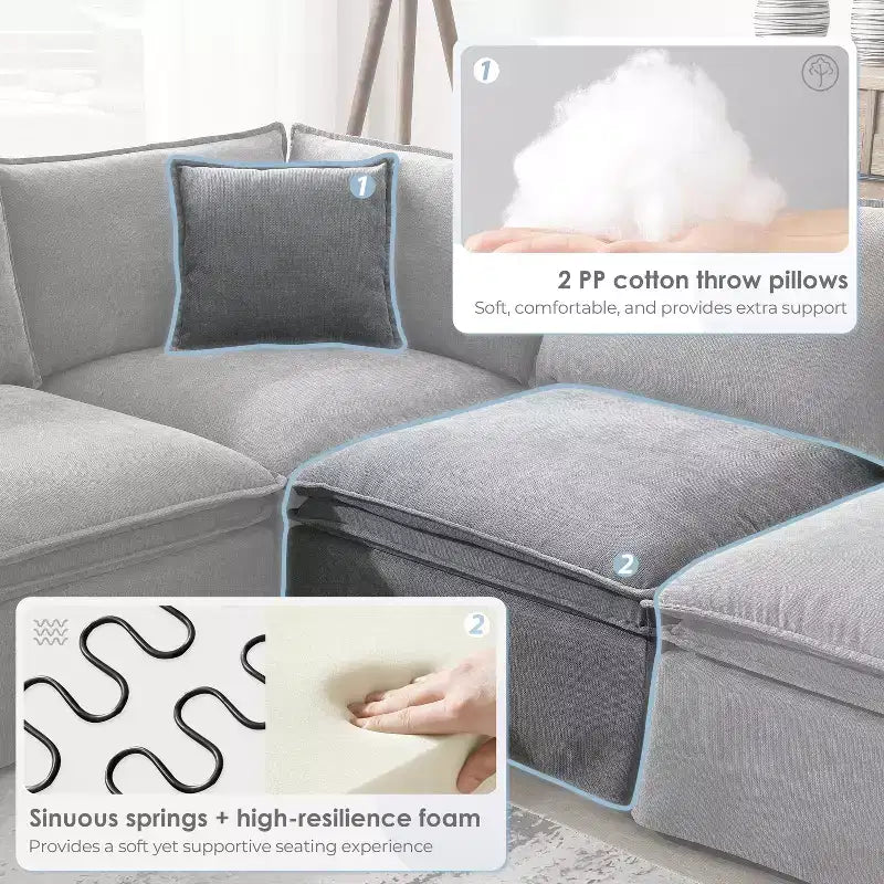 Canapé sectionnel modulaire en chenille 6 places de 125,5'', assise large avec pouf mobile, canapé surdimensionné pour salon ou appartement