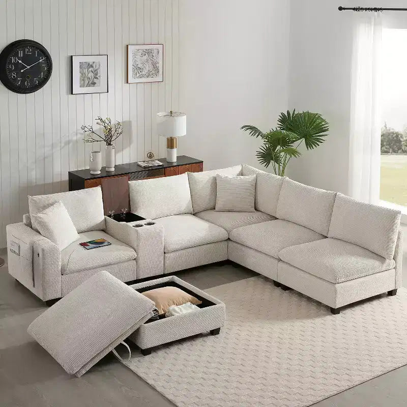 Canapé d'angle modulaire en U surdimensionné de 355 cm avec pouf, console, chargeur USB, porte-gobelet, rangement, revêtement en velours côtelé, 6 places, pour salon