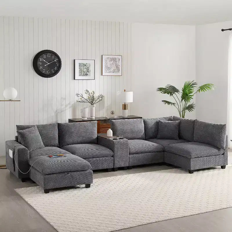Canapé d'angle modulaire en U surdimensionné de 355 cm avec pouf, console, chargeur USB, porte-gobelet, rangement, revêtement en velours côtelé, 6 places, pour salon