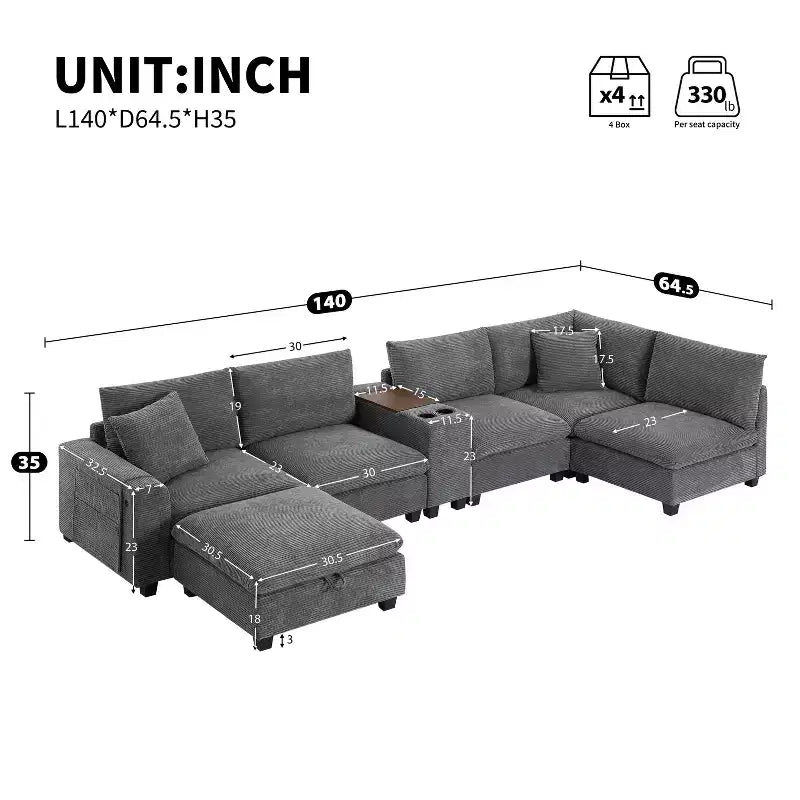 Canapé d'angle modulaire en forme de U de 142 pouces avec pouf de rangement, console, chargeur USB, sièges larges, revêtement en chenille, 6 places pour salon et appartement