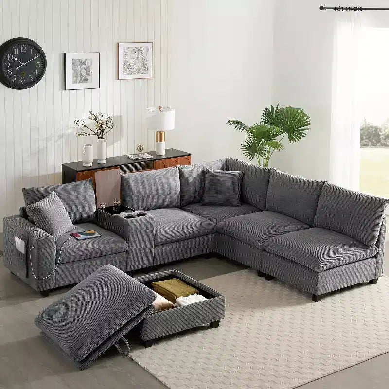 Canapé d'angle modulaire en forme de U de 142 pouces avec pouf de rangement, console, chargeur USB, sièges larges, revêtement en chenille, 6 places pour salon et appartement