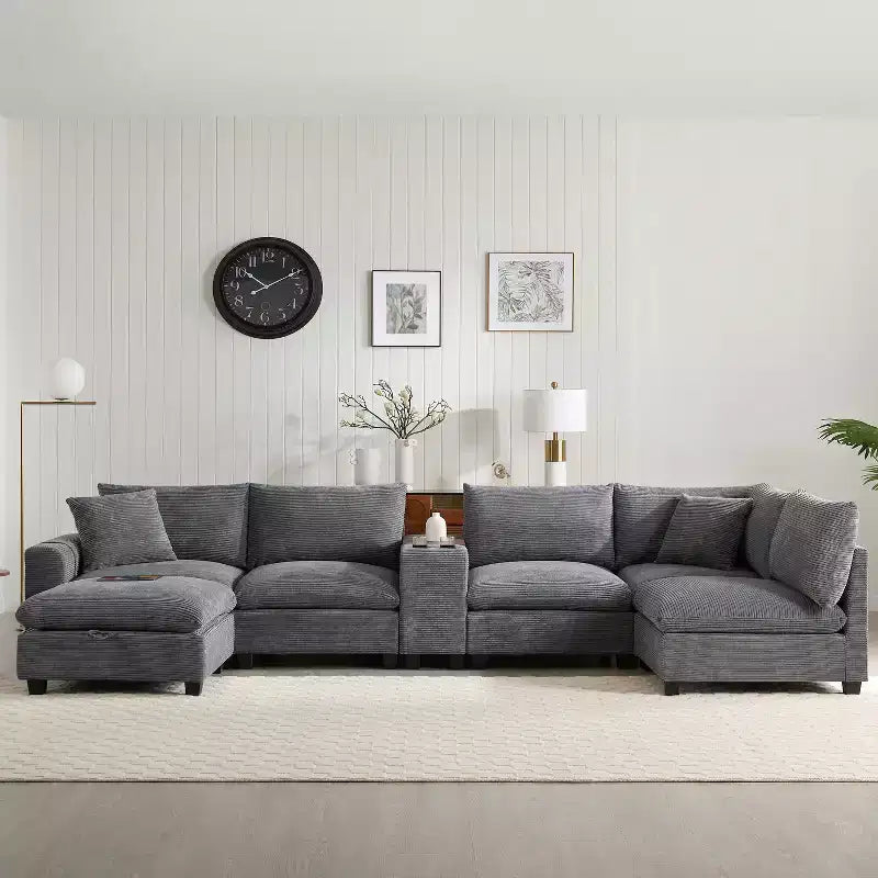 Canapé d'angle modulaire en forme de U de 142 pouces avec pouf de rangement, console, chargeur USB, sièges larges, revêtement en chenille, 6 places pour salon et appartement