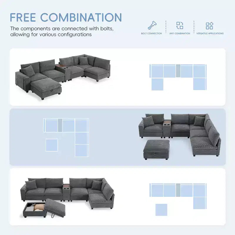 Canapé d'angle modulaire en forme de U de 142 pouces avec pouf de rangement, console, chargeur USB, sièges larges, revêtement en chenille, 6 places pour salon et appartement