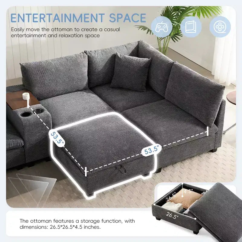 Canapé d'angle modulaire en forme de U de 142 pouces avec pouf de rangement, console, chargeur USB, sièges larges, revêtement en chenille, 6 places pour salon et appartement