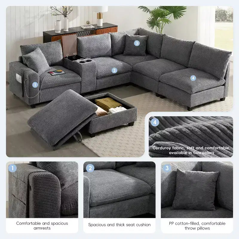 Canapé d'angle modulaire en forme de U de 142 pouces avec pouf de rangement, console, chargeur USB, sièges larges, revêtement en chenille, 6 places pour salon et appartement