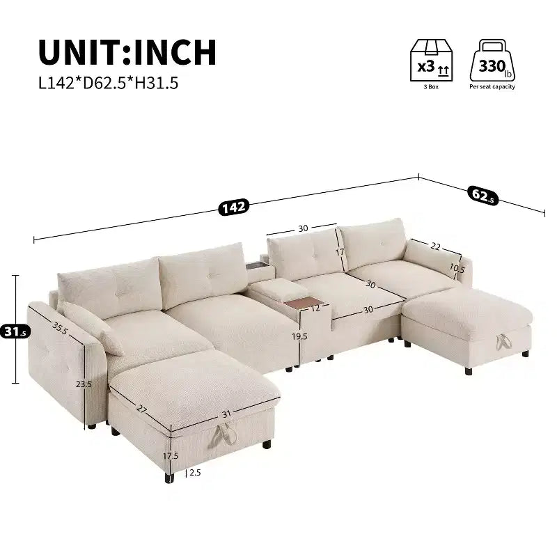 Canapé d'angle modulaire en forme de U de 142 pouces avec pouf de rangement, console, chargeur USB, sièges larges, revêtement en chenille, 6 places pour salon et appartement