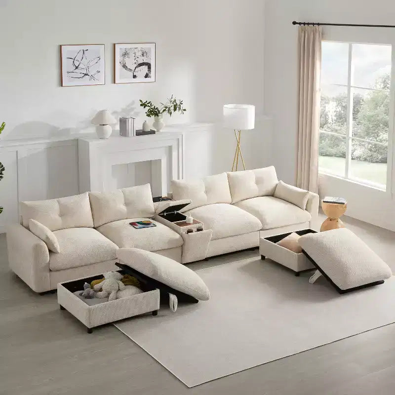 Canapé d'angle modulaire en forme de U de 142 pouces avec pouf de rangement, console, chargeur USB, sièges larges, revêtement en chenille, 6 places pour salon et appartement