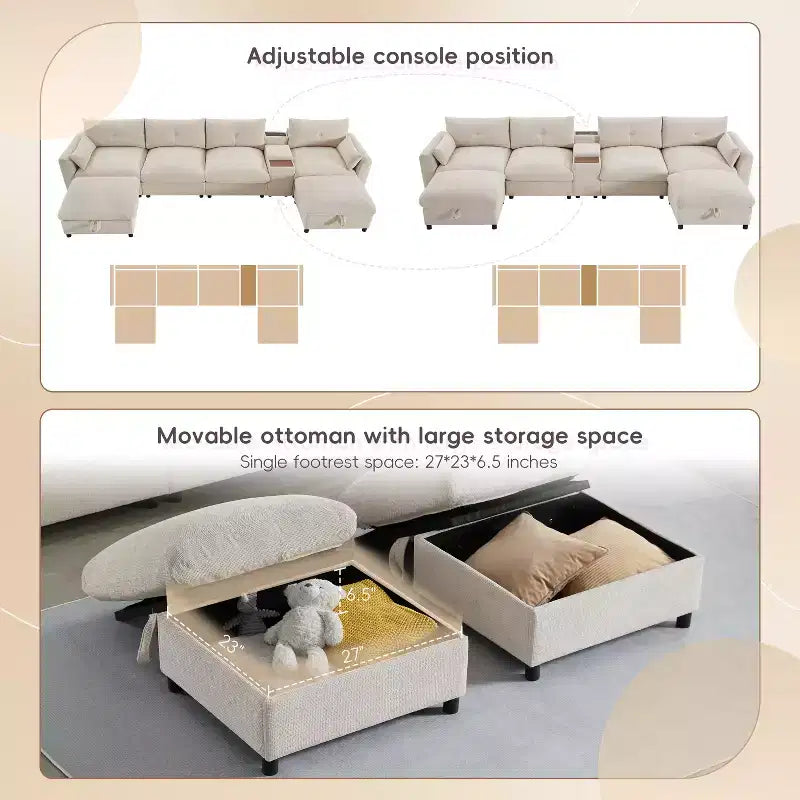 Canapé d'angle modulaire en forme de U de 142 pouces avec pouf de rangement, console, chargeur USB, sièges larges, revêtement en chenille, 6 places pour salon et appartement