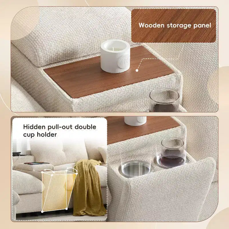 Canapé d'angle modulaire en forme de U de 142 pouces avec pouf de rangement, console, chargeur USB, sièges larges, revêtement en chenille, 6 places pour salon et appartement