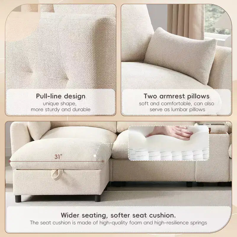 Canapé d'angle modulaire en forme de U de 142 pouces avec pouf de rangement, console, chargeur USB, sièges larges, revêtement en chenille, 6 places pour salon et appartement