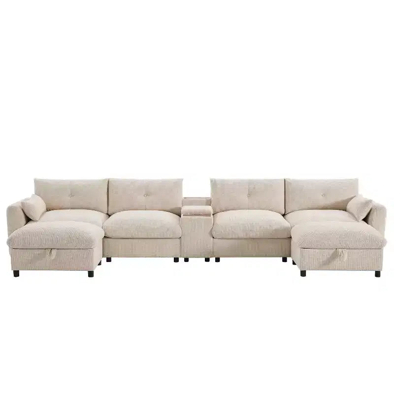 Canapé d'angle modulaire en forme de U de 142 pouces avec pouf de rangement, console, chargeur USB, sièges larges, revêtement en chenille, 6 places pour salon et appartement