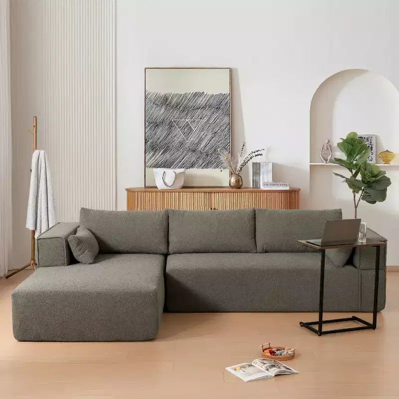 Canapé d'angle modulable 284 cm avec table d'appoint gratuite et tissu bouclette, entièrement compressé, aucun assemblage requis, 4 places en forme de L