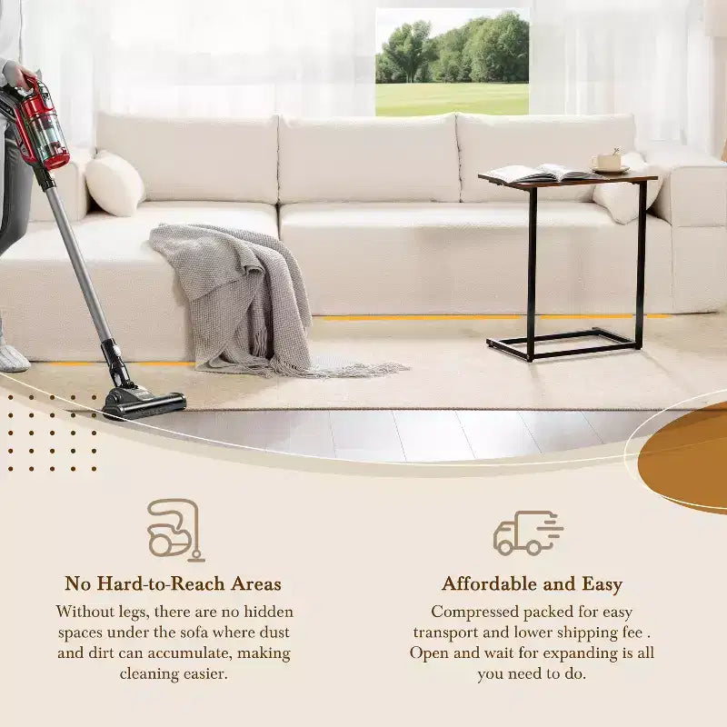 Canapé d'angle modulable 284 cm avec table d'appoint gratuite et tissu bouclette, entièrement compressé, aucun assemblage requis, 4 places en forme de L