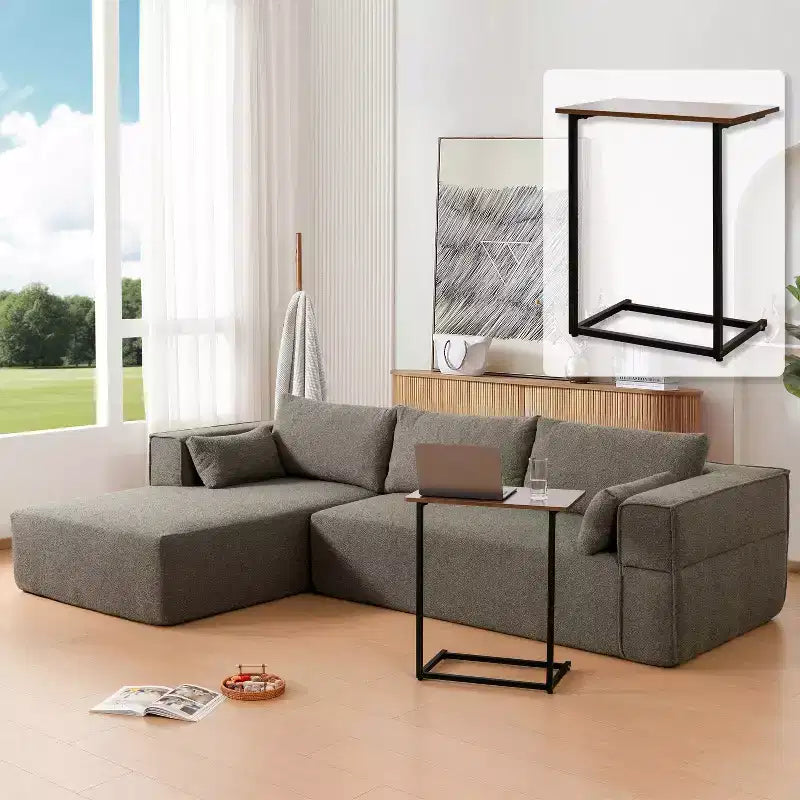 Canapé d'angle modulable 284 cm avec table d'appoint gratuite et tissu bouclette, entièrement compressé, aucun assemblage requis, 4 places en forme de L