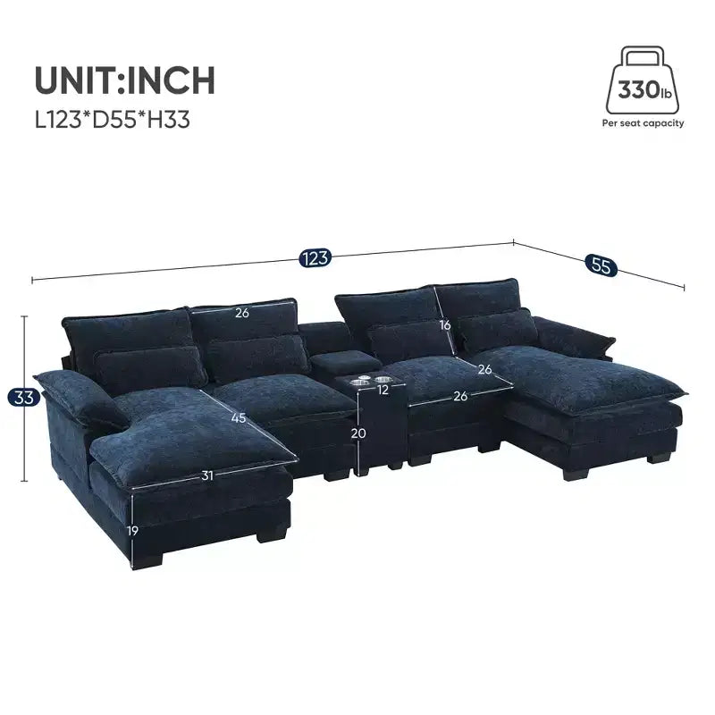 Canapé sectionnel en U de 312 cm avec port USB, porte-gobelets et console, canapé 6 places en chenille avec double coussin pour salon