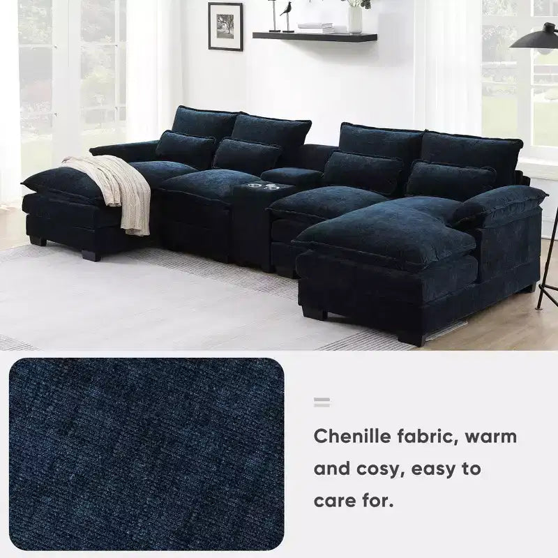 Canapé sectionnel en U de 312 cm avec port USB, porte-gobelets et console, canapé 6 places en chenille avec double coussin pour salon