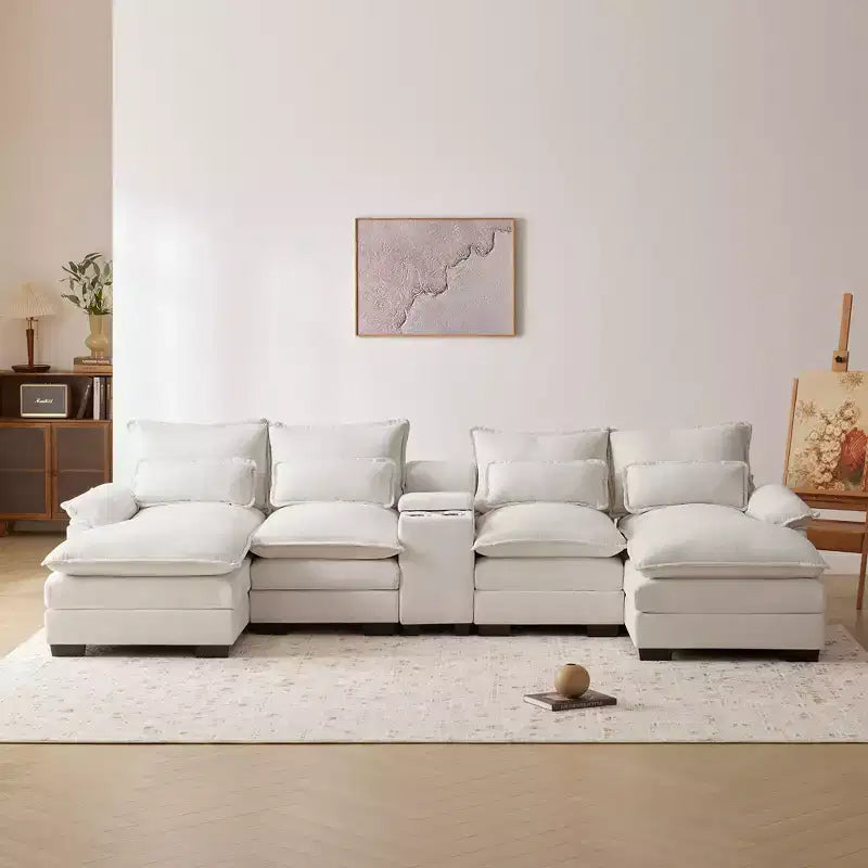 Canapé sectionnel en U de 312 cm avec port USB, porte-gobelets et console, canapé 6 places en chenille avec double coussin pour salon