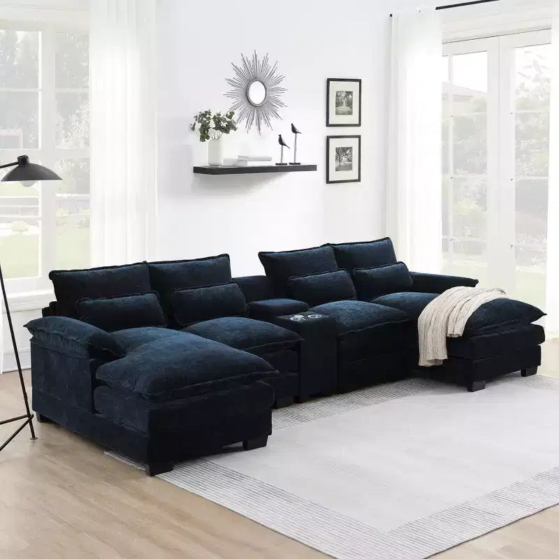 Canapé sectionnel en U de 312 cm avec port USB, porte-gobelets et console, canapé 6 places en chenille avec double coussin pour salon