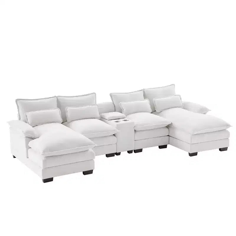 Canapé sectionnel en U de 312 cm avec port USB, porte-gobelets et console, canapé 6 places en chenille avec double coussin pour salon