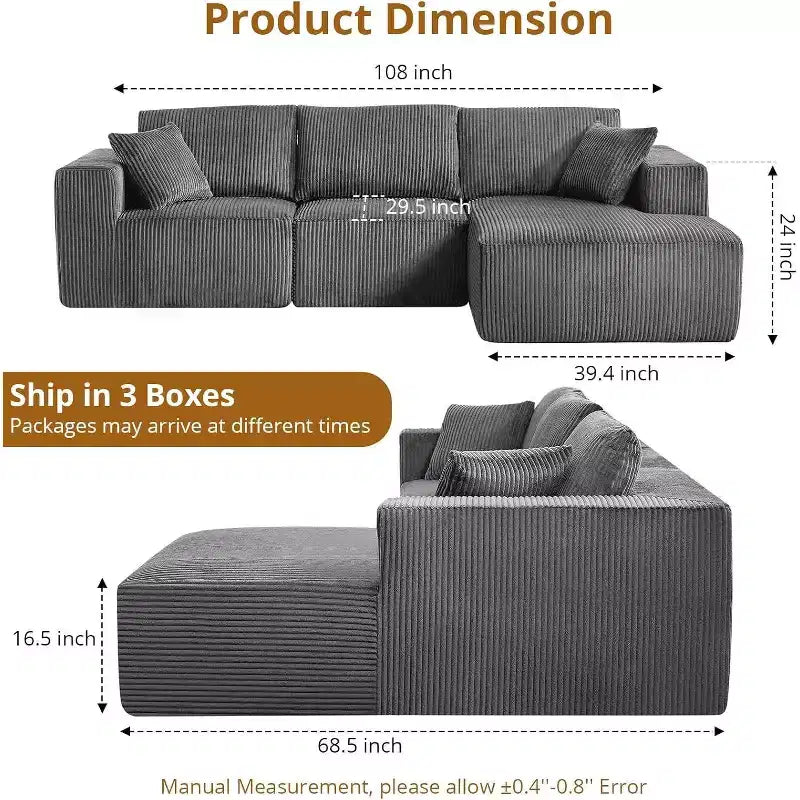 Canapé modulaire Acekool 108 Cloud - Canapé d'angle en peluche avec assise profonde, aucun assemblage requis, tissu en velours côtelé pour salon