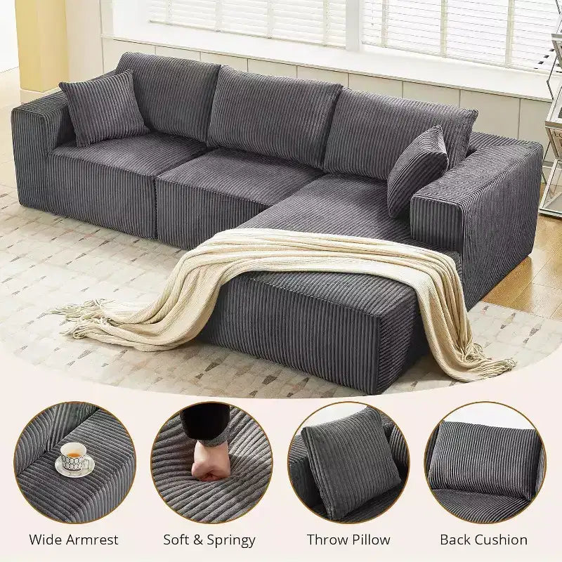 Canapé modulaire Acekool 108 Cloud - Canapé d'angle en peluche avec assise profonde, aucun assemblage requis, tissu en velours côtelé pour salon