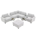 104 W 6-Seat Chenille U-Shaped Sectional Sofa with USB Charger, Storage Drawers, Acrylic Table, and Movable Ottoman
