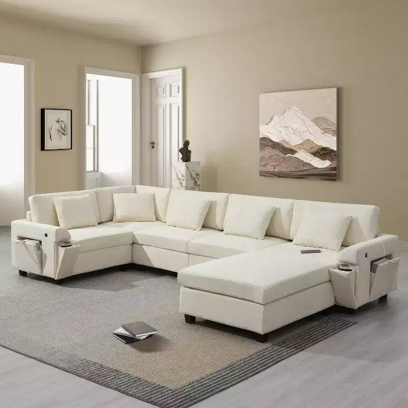 Canapé d'angle en chenille en forme de U 6 places de 128 x 67 pouces avec pouf, rangement, porte-gobelets et ports USB