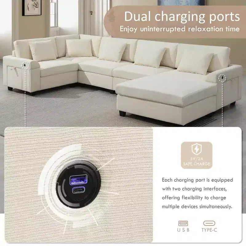 Canapé d'angle en chenille en forme de U 6 places de 128 x 67 pouces avec pouf, rangement, porte-gobelets et ports USB