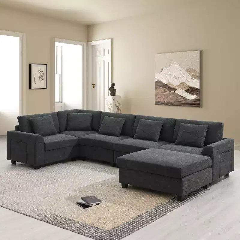 Canapé d'angle en chenille en forme de U 6 places de 128 x 67 pouces avec pouf, rangement, porte-gobelets et ports USB