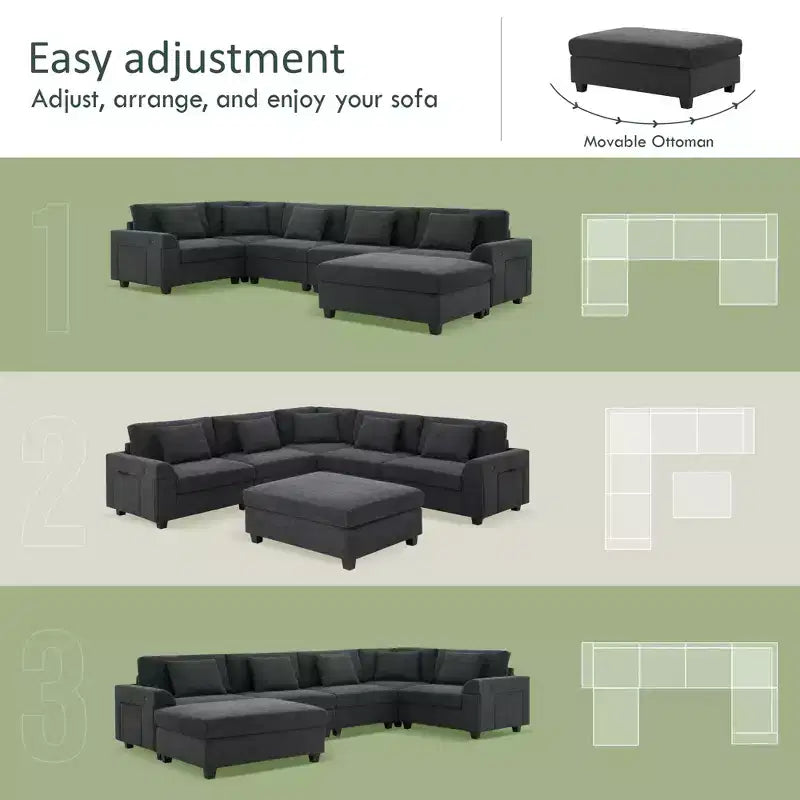 Canapé d'angle en chenille en forme de U 6 places de 128 x 67 pouces avec pouf, rangement, porte-gobelets et ports USB