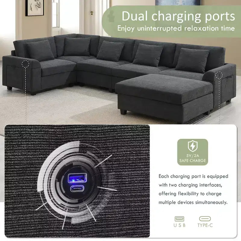 Canapé d'angle en chenille en forme de U 6 places de 128 x 67 pouces avec pouf, rangement, porte-gobelets et ports USB