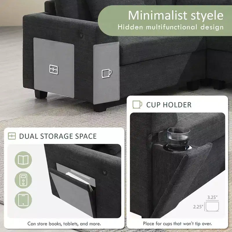 Canapé d'angle en chenille en forme de U 6 places de 128 x 67 pouces avec pouf, rangement, porte-gobelets et ports USB