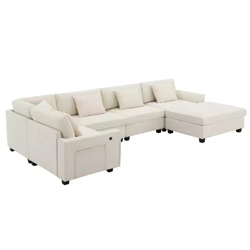 Canapé d'angle en chenille en forme de U 6 places de 128 x 67 pouces avec pouf, rangement, porte-gobelets et ports USB