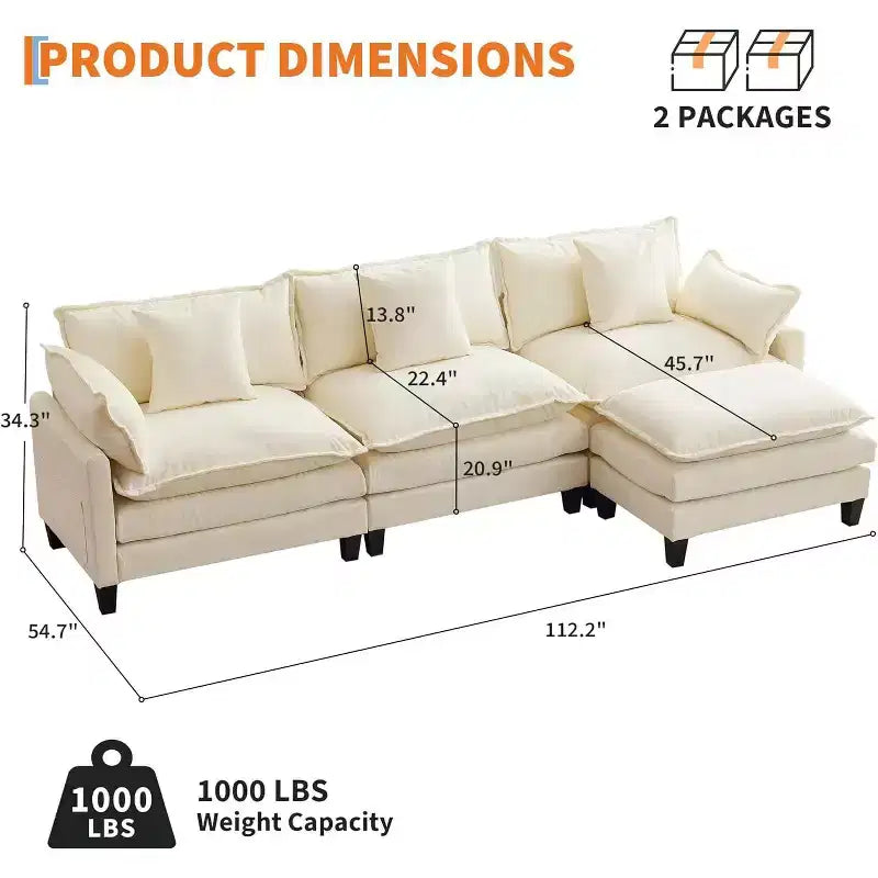 112.2 Canapé modulable Cloud, Canapé d'angle modulable pour salon avec pouf mobile, Canapé Cloud 3 places en chenille avec assise profonde