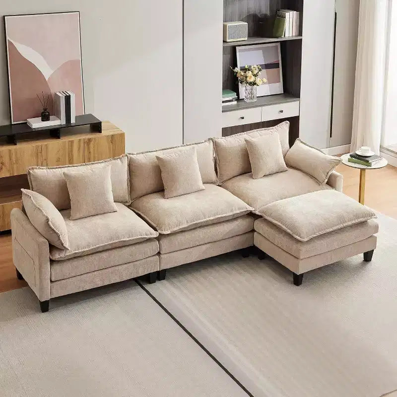 112.2 Canapé modulable Cloud, Canapé d'angle modulable pour salon avec pouf mobile, Canapé Cloud 3 places en chenille avec assise profonde