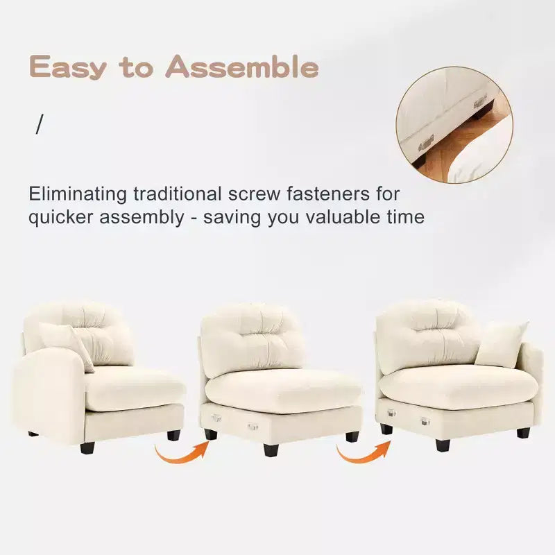Canapé sectionnel modulaire 107 places beige en tissu chenille doux, mousse haute densité, base en bois de haute qualité pour salons