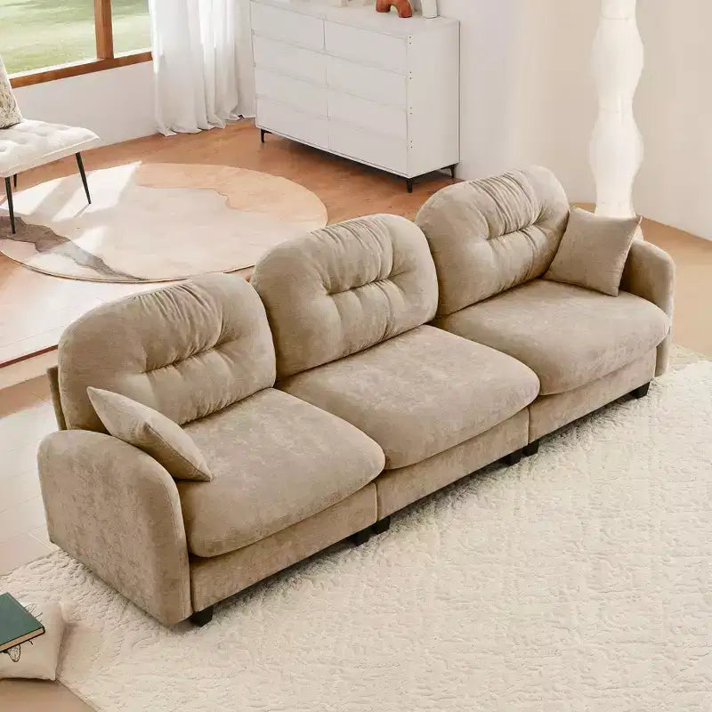 Canapé sectionnel modulaire 107 places beige en tissu chenille doux, mousse haute densité, base en bois de haute qualité pour salons