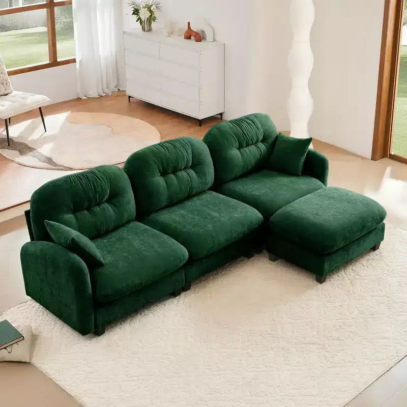 Canapé modulable 3 places beige en tissu chenille en forme de L avec pouf pour salons