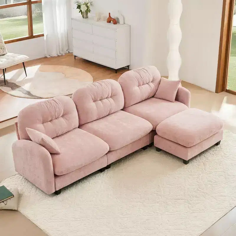 Canapé modulable 3 places beige en tissu chenille en forme de L avec pouf pour salons