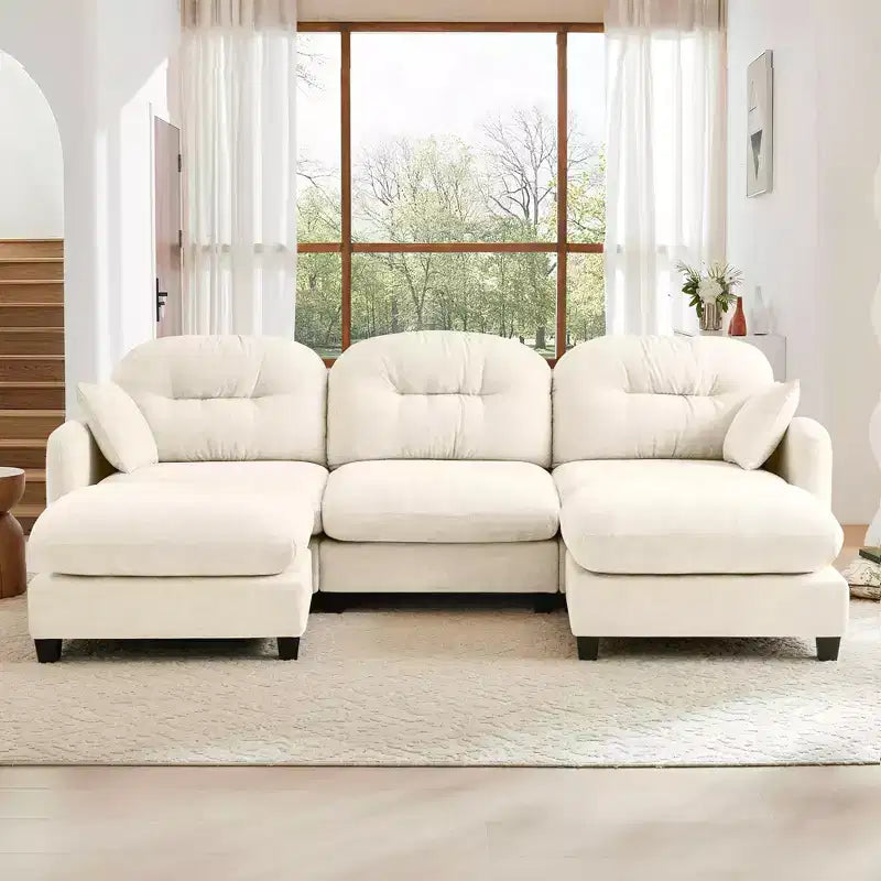 Canapé d'angle modulable 3 places en chenille beige en forme de U avec 2 poufs et 2 coussins décoratifs pour le salon