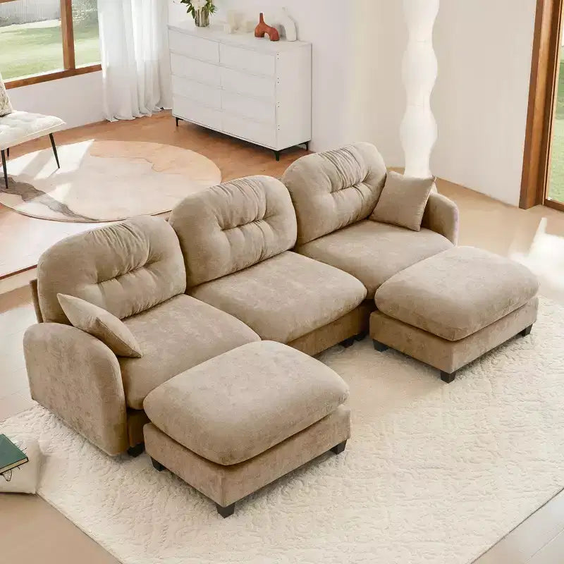 Canapé d'angle modulable 3 places en chenille beige en forme de U avec 2 poufs et 2 coussins décoratifs pour le salon