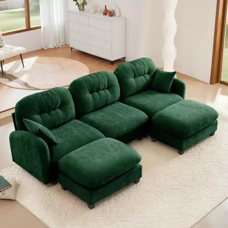 Canapé d'angle modulable 3 places en chenille beige en forme de U avec 2 poufs et 2 coussins décoratifs pour le salon