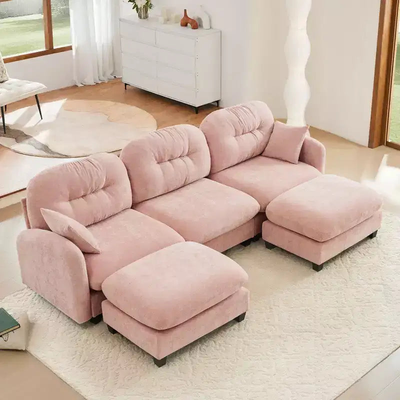 Canapé d'angle modulable 3 places en chenille beige en forme de U avec 2 poufs et 2 coussins décoratifs pour le salon
