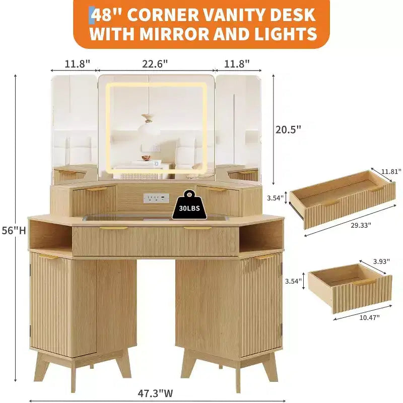 Coiffeuse cannelée de 48 pouces avec miroir et lumières, prise de chargement et miroir lumineux à 3 panneaux