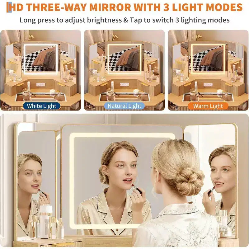 Coiffeuse cannelée de 48 pouces avec miroir et lumières, prise de chargement et miroir lumineux à 3 panneaux