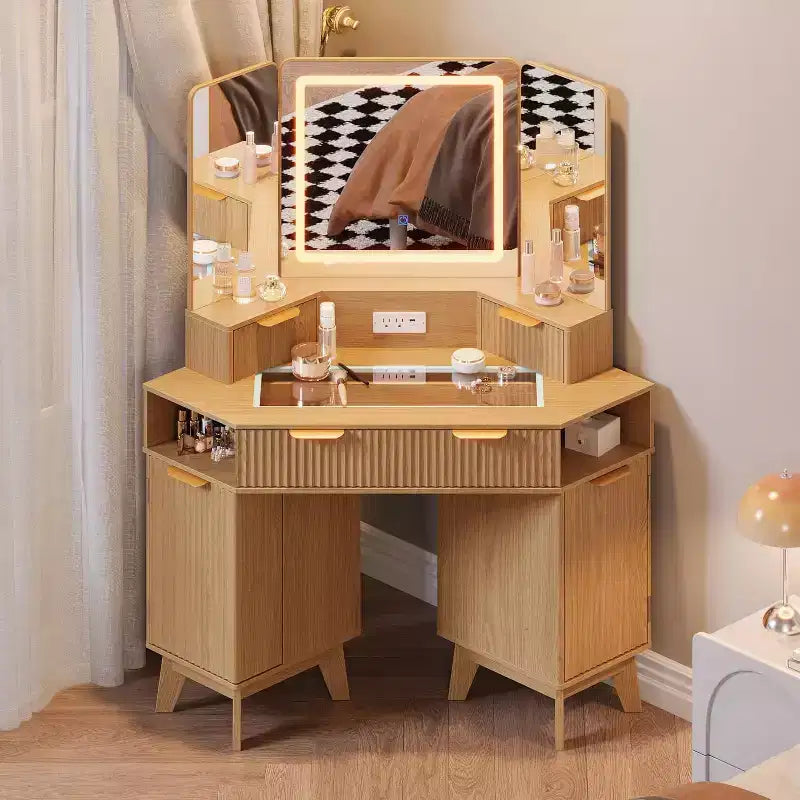 Coiffeuse cannelée de 48 pouces avec miroir et lumières, prise de chargement et miroir lumineux à 3 panneaux