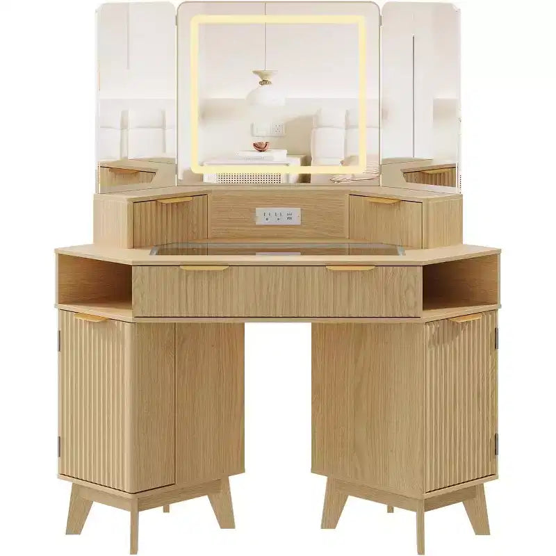 Coiffeuse cannelée de 48 pouces avec miroir et lumières, prise de chargement et miroir lumineux à 3 panneaux