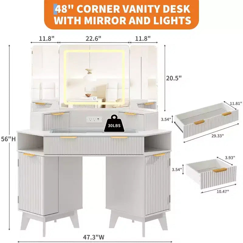 Coiffeuse cannelée de 48 pouces avec miroir et lumières, prise de chargement et miroir lumineux à 3 panneaux