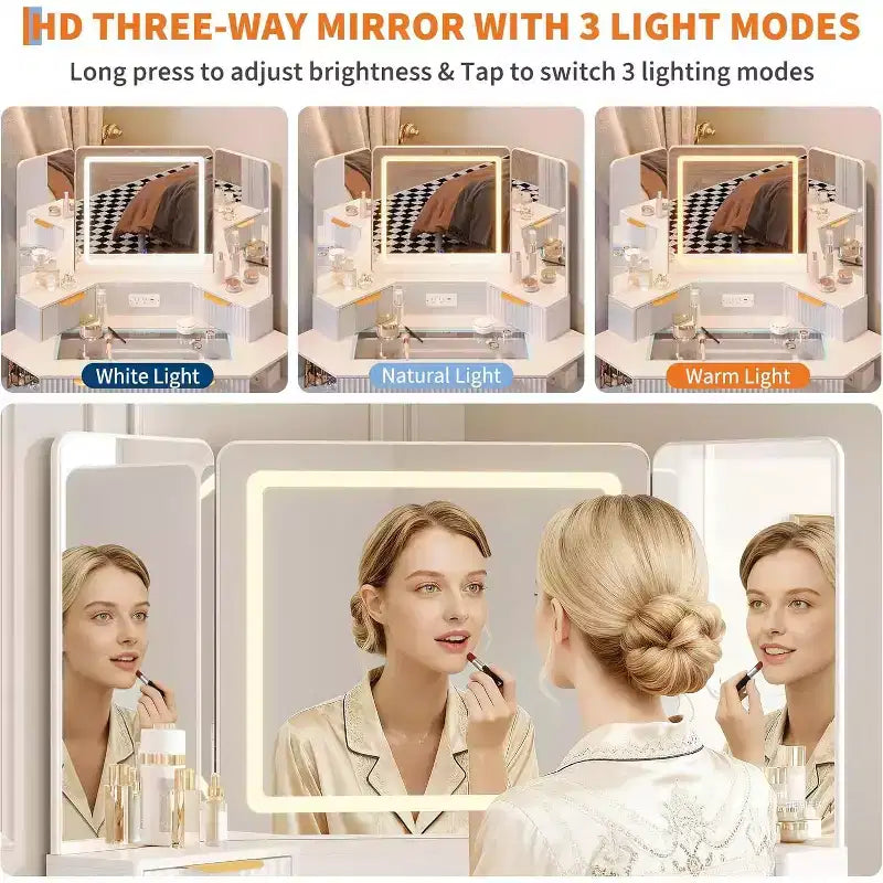 Coiffeuse cannelée de 48 pouces avec miroir et lumières, prise de chargement et miroir lumineux à 3 panneaux