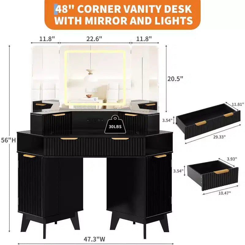 Coiffeuse cannelée de 48 pouces avec miroir et lumières, prise de chargement et miroir lumineux à 3 panneaux